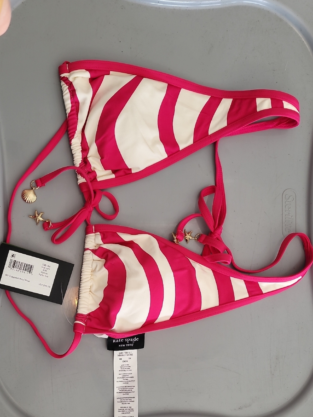 Kate Spade NWT Pink & Cream Rose Jam Halter Striped String Bikini Top Size XS